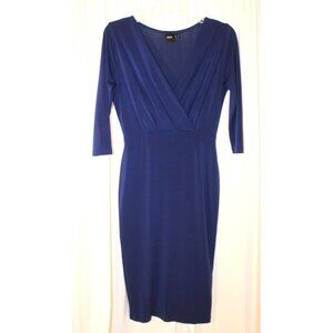 ASOS stretch bodycon faux wrap 3/4 sleeve dress Size 4 Navy Blue midi v-neck